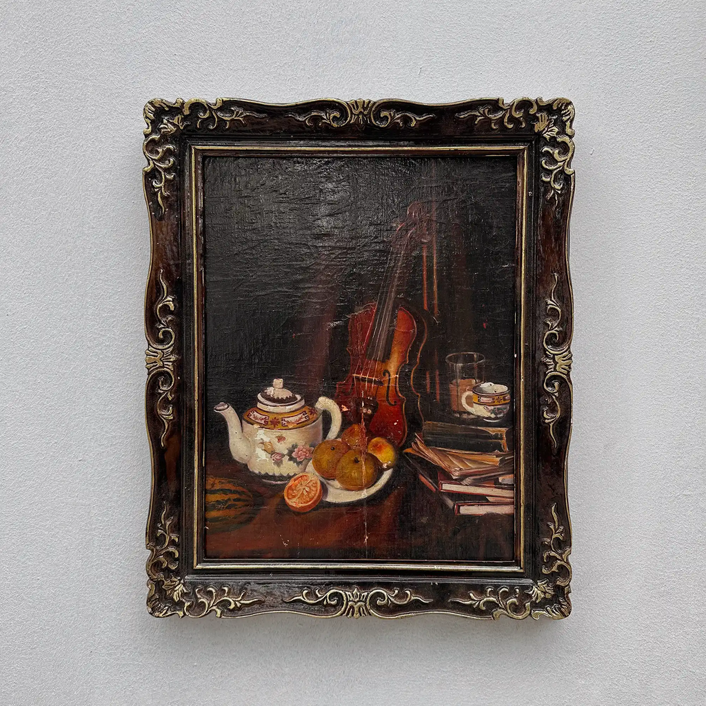 Original Hand-Painted Violin Still Life Oil Painting with Hand-Carved Solid Wood Frame (with Frame  45 × 55 cm) - Vintage Oil Painting - Arden Gallery