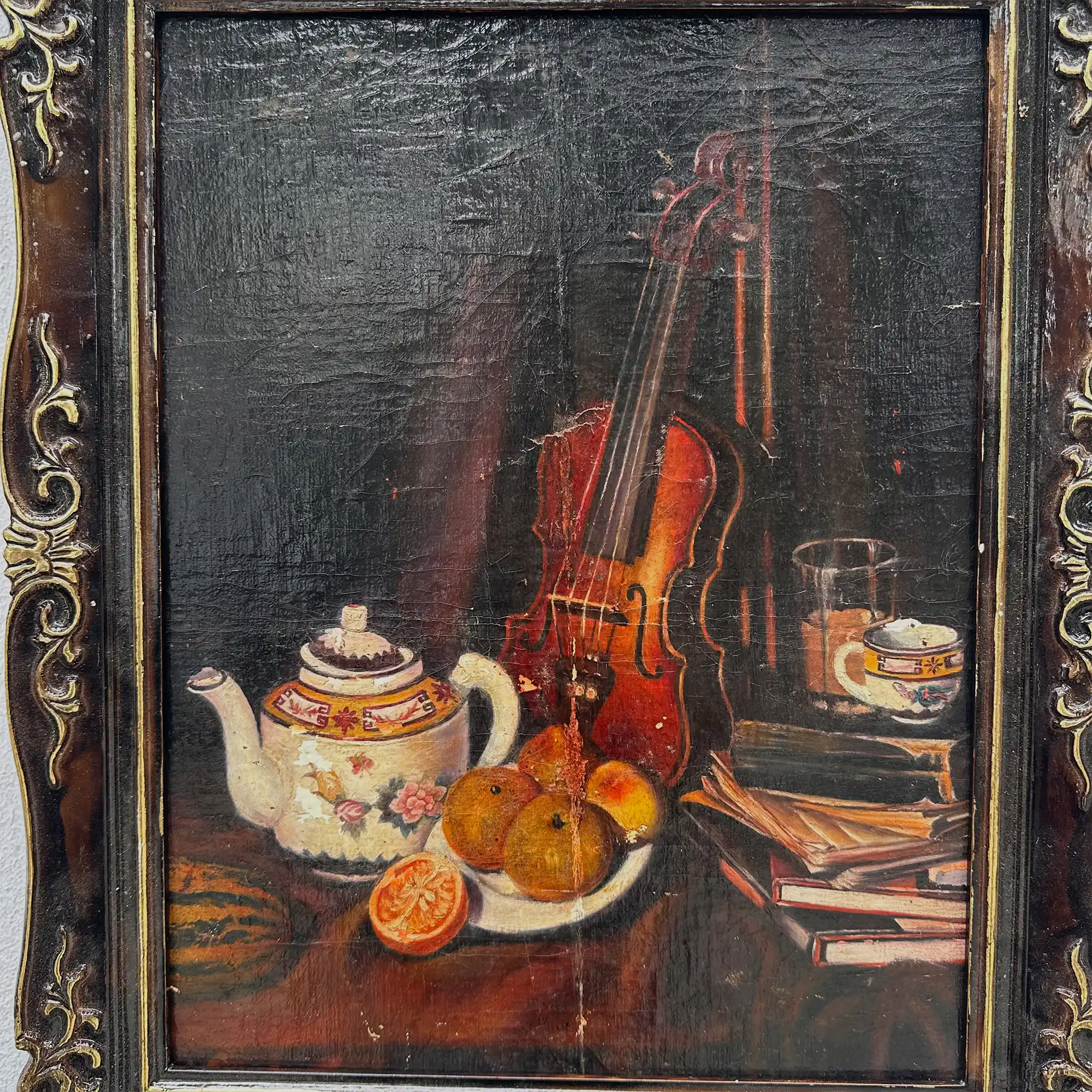 Original Hand-Painted Violin Still Life Oil Painting with Hand-Carved Solid Wood Frame (with Frame  45 × 55 cm) - Vintage Oil Painting - Arden Gallery