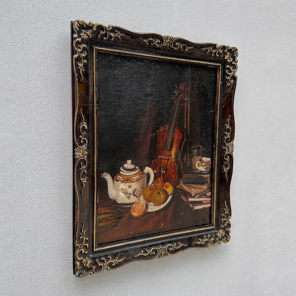 Original Hand-Painted Violin Still Life Oil Painting with Hand-Carved Solid Wood Frame (with Frame  45 × 55 cm) - Vintage Oil Painting - Arden Gallery