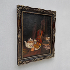 Original Hand-Painted Violin Still Life Oil Painting with Hand-Carved Solid Wood Frame (with Frame  45 × 55 cm) - Vintage Oil Painting - Arden Gallery