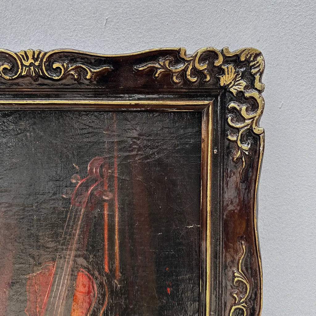 Original Hand-Painted Violin Still Life Oil Painting with Hand-Carved Solid Wood Frame (with Frame  45 × 55 cm) - Vintage Oil Painting - Arden Gallery