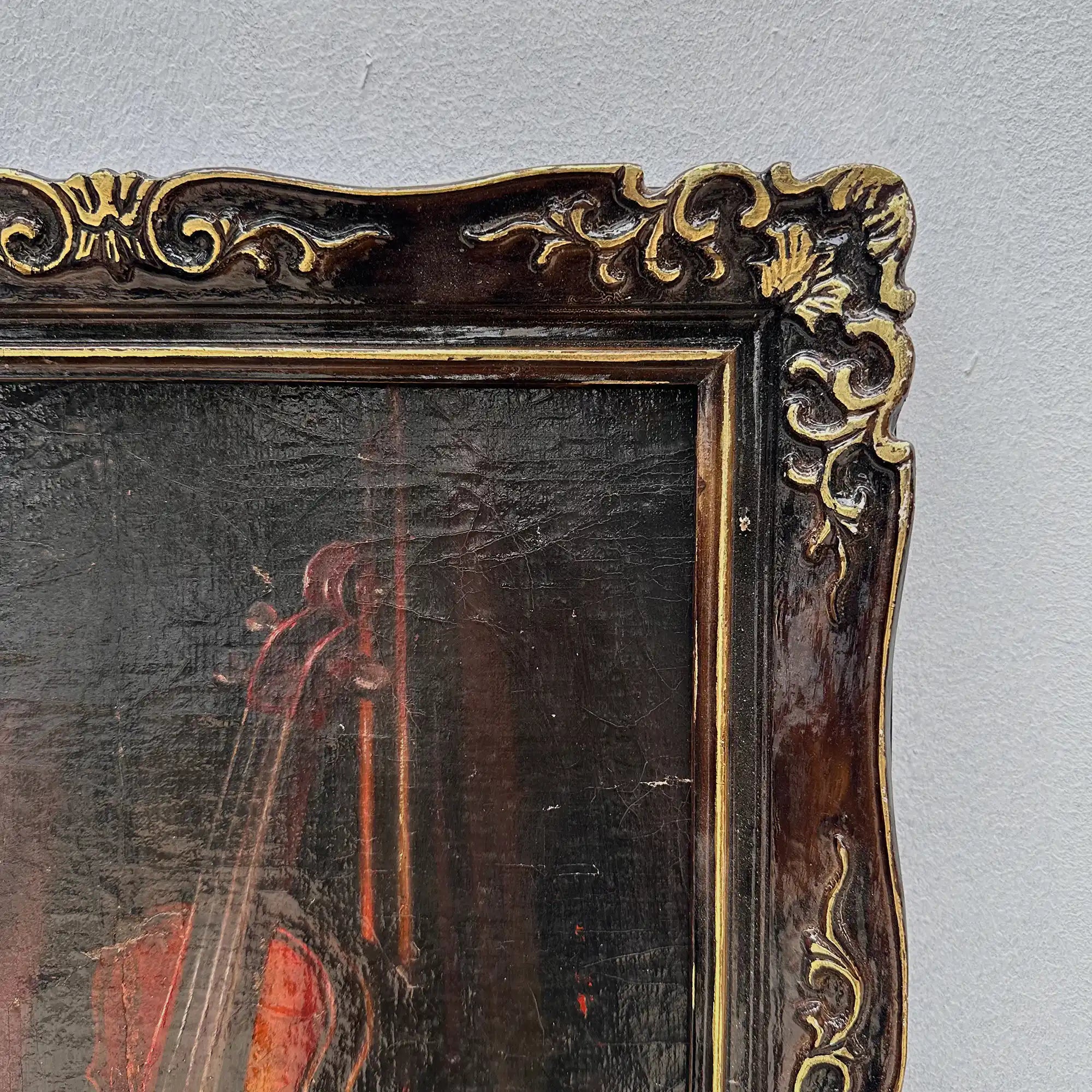 Original Hand-Painted Violin Still Life Oil Painting with Hand-Carved Solid Wood Frame (with Frame  45 × 55 cm) - Vintage Oil Painting - Arden Gallery