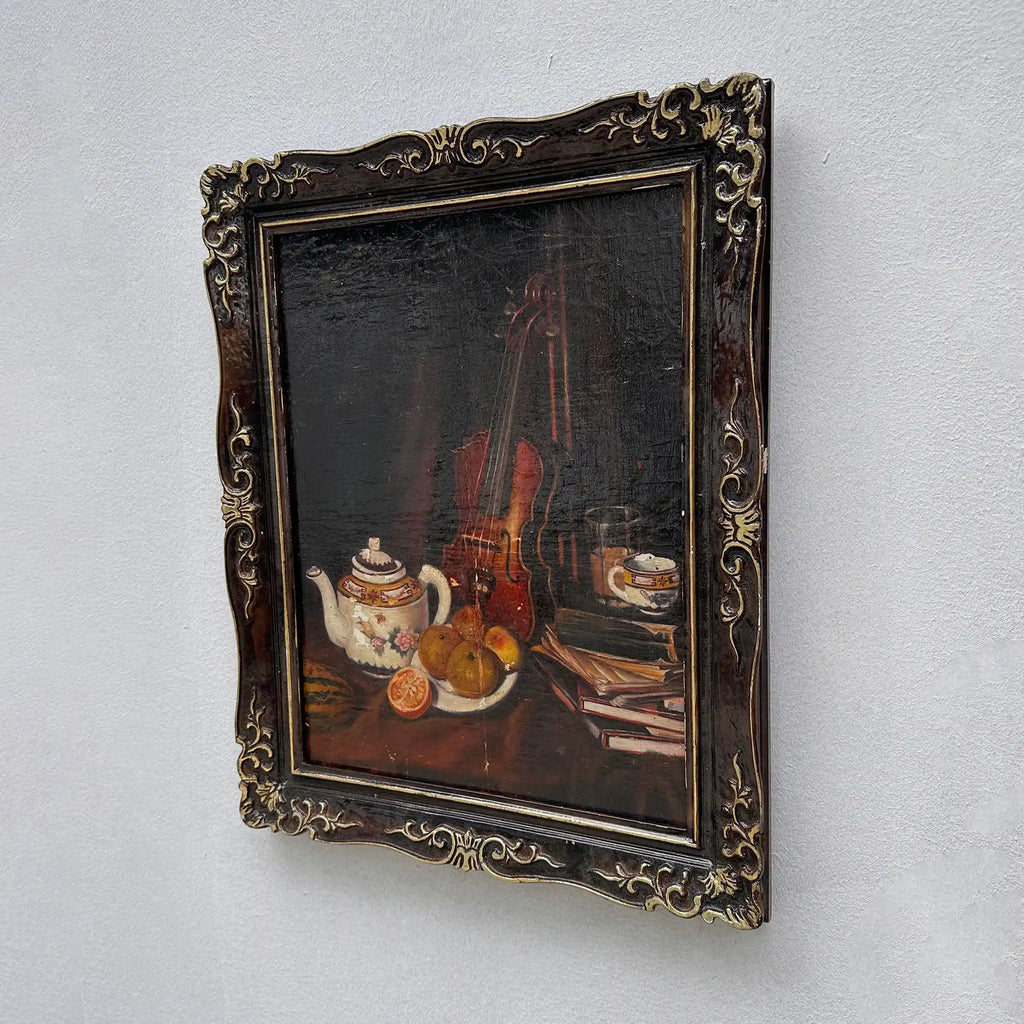 Original Hand-Painted Violin Still Life Oil Painting with Hand-Carved Solid Wood Frame (with Frame  45 × 55 cm) - Vintage Oil Painting - Arden Gallery