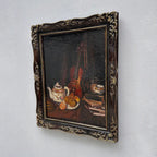 Original Hand-Painted Violin Still Life Oil Painting with Hand-Carved Solid Wood Frame (with Frame  45 × 55 cm) - Vintage Oil Painting - Arden Gallery