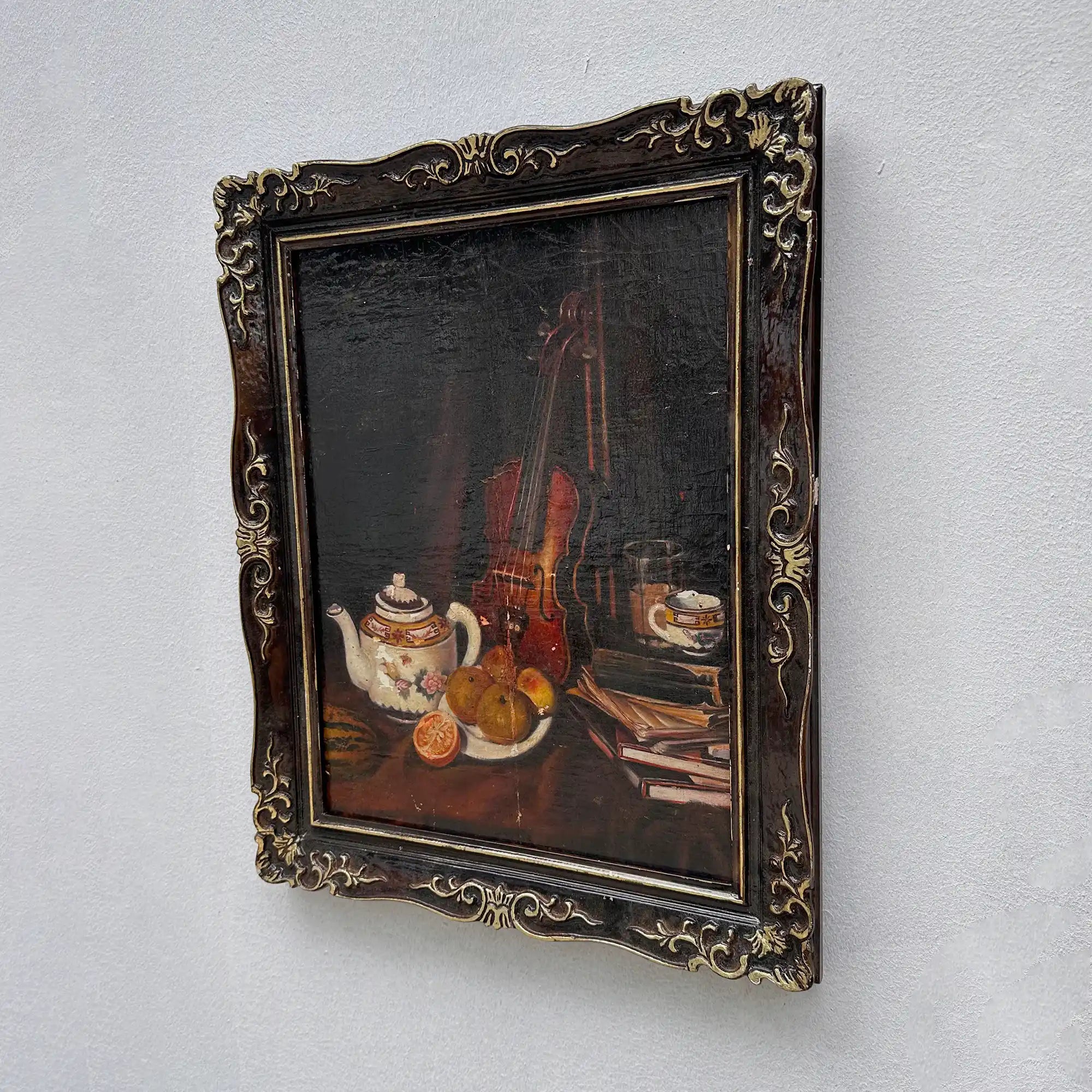 Original Hand-Painted Violin Still Life Oil Painting with Hand-Carved Solid Wood Frame (with Frame  45 × 55 cm) - Vintage Oil Painting - Arden Gallery