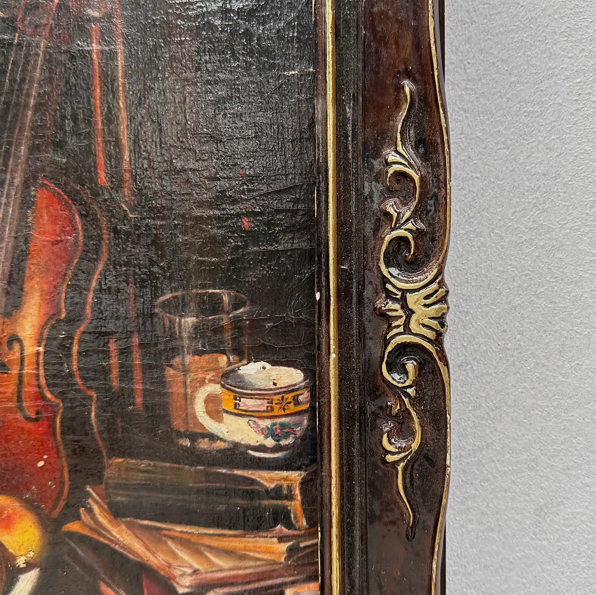 Original Hand-Painted Violin Still Life Oil Painting with Hand-Carved Solid Wood Frame (with Frame  45 × 55 cm) - Vintage Oil Painting - Arden Gallery
