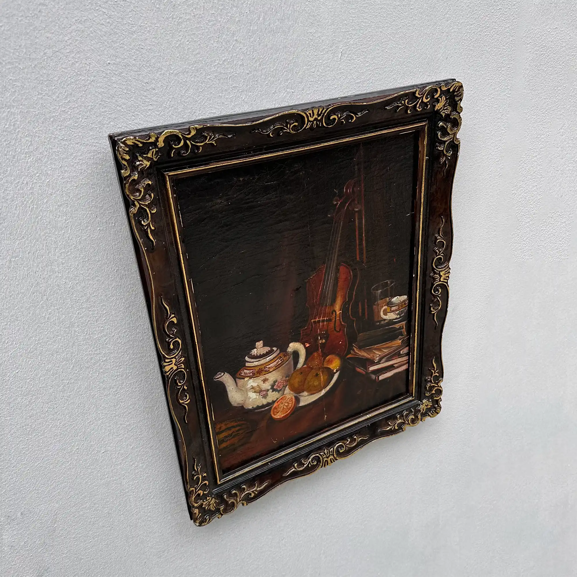 Original Hand-Painted Violin Still Life Oil Painting with Hand-Carved Solid Wood Frame (with Frame  45 × 55 cm) - Vintage Oil Painting - Arden Gallery