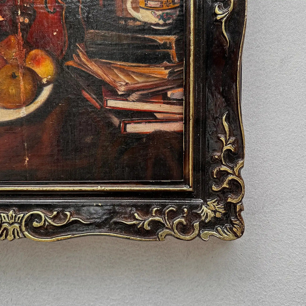 Original Hand-Painted Violin Still Life Oil Painting with Hand-Carved Solid Wood Frame (with Frame  45 × 55 cm) - Vintage Oil Painting - Arden Gallery