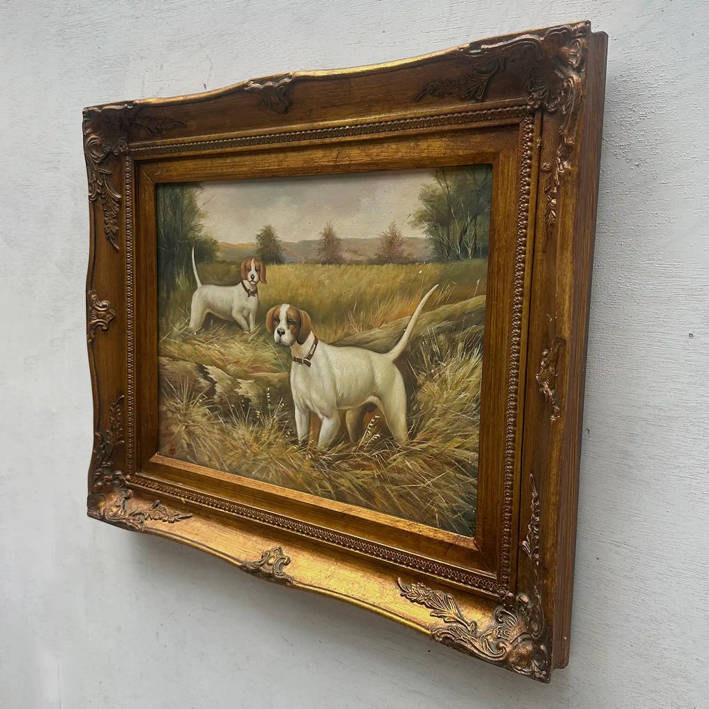 Original Hand Painted Hunting Dogs Oil Painting in Ornate Vintage Frame (17.3×21.3 in) - Vintage Oil Painting - Arden Gallery