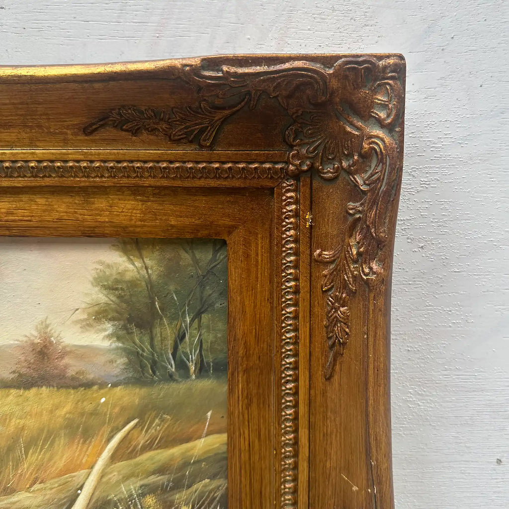 Original Hand Painted Hunting Dogs Oil Painting in Ornate Vintage Frame (17.3×21.3 in) - Vintage Oil Painting - Arden Gallery