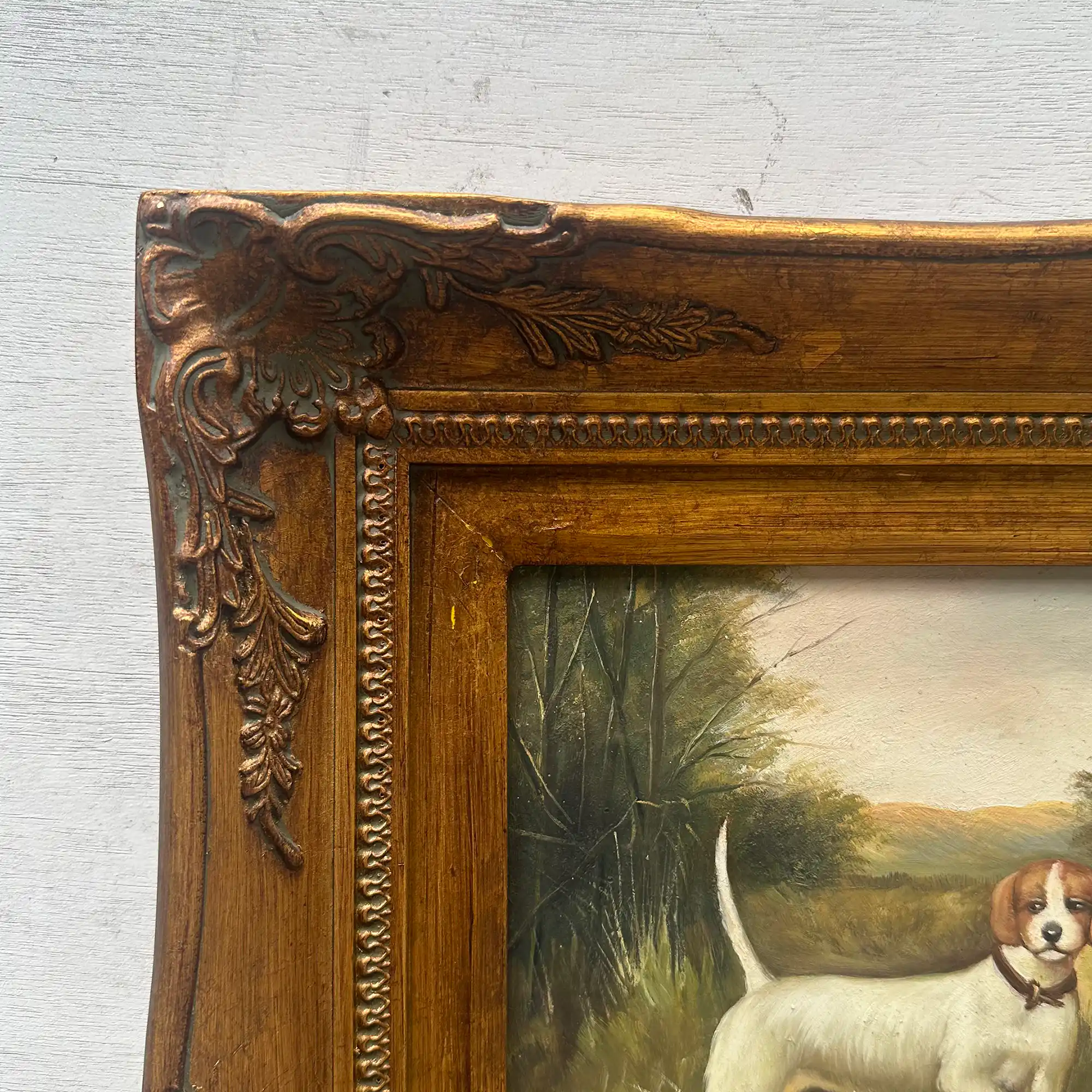 Original Hand Painted Hunting Dogs Oil Painting in Ornate Vintage Frame (17.3×21.3 in) - Vintage Oil Painting - Arden Gallery