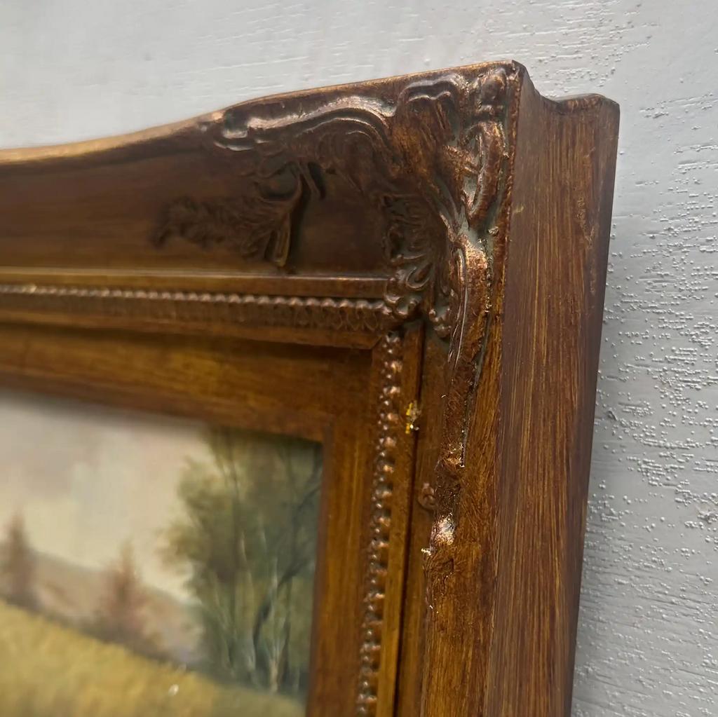 Original Hand Painted Hunting Dogs Oil Painting in Ornate Vintage Frame (17.3×21.3 in) - Vintage Oil Painting - Arden Gallery