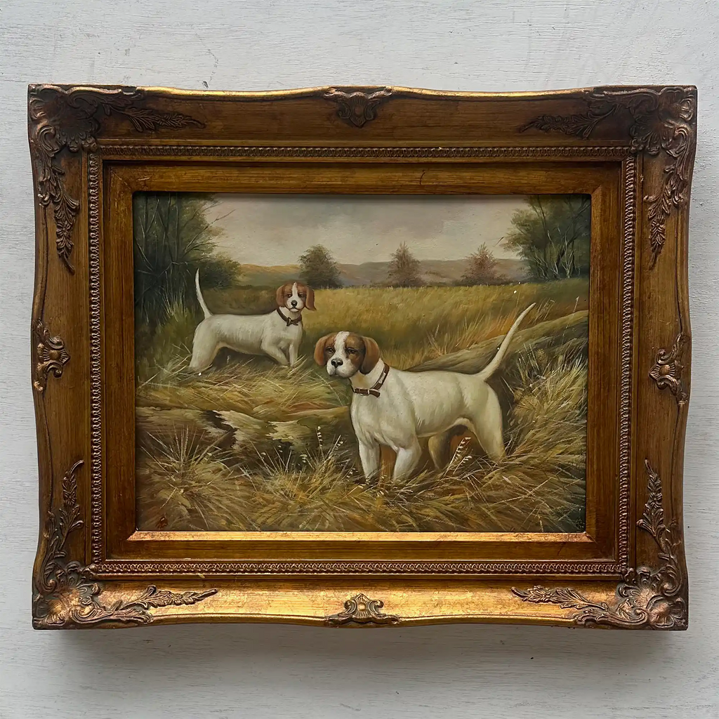 Original Hand Painted Hunting Dogs Oil Painting in Ornate Vintage Frame (17.3×21.3 in) - Vintage Oil Painting - Arden Gallery