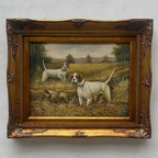 Original Hand Painted Hunting Dogs Oil Painting in Ornate Vintage Frame (17.3×21.3 in) - Vintage Oil Painting - Arden Gallery