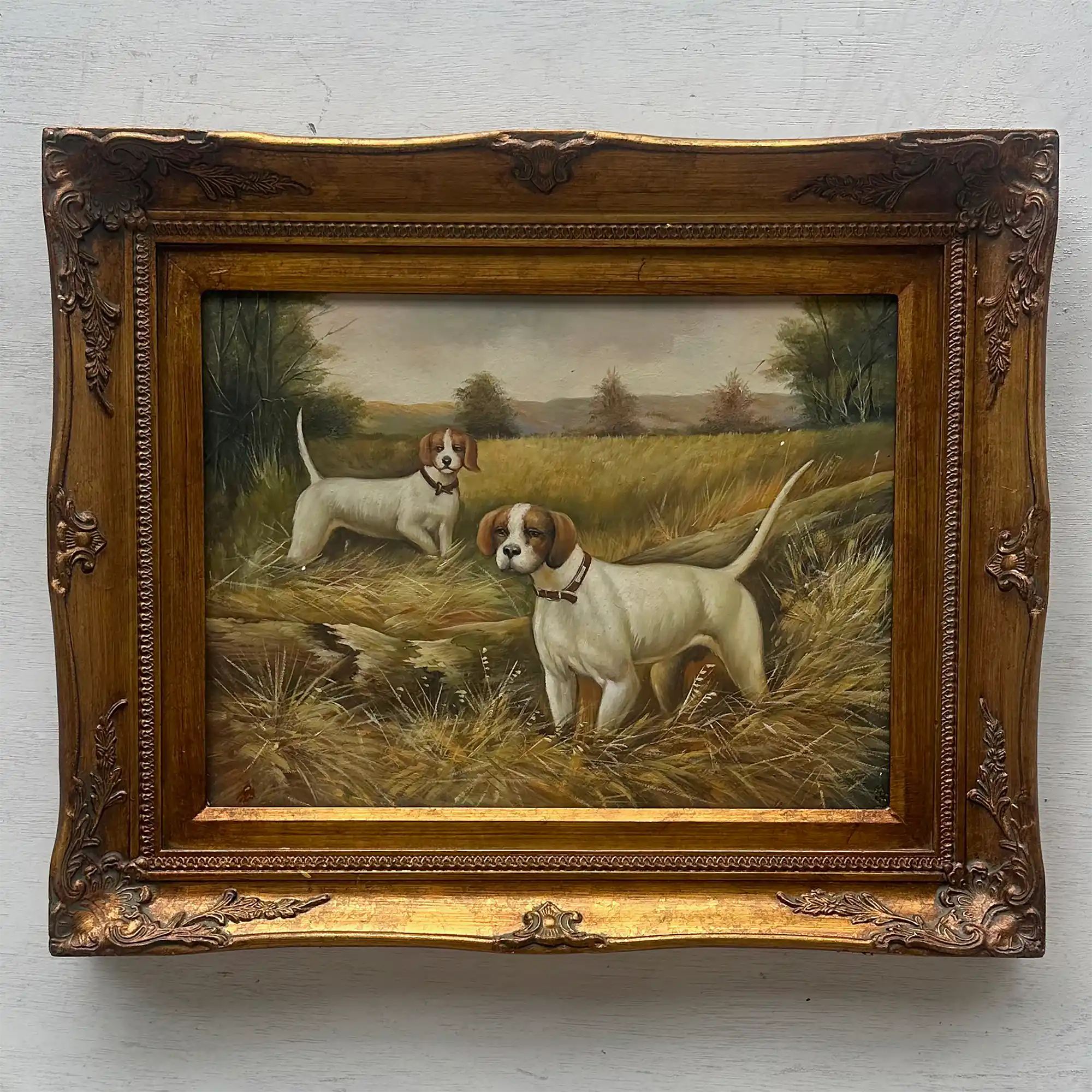 Original Hand Painted Hunting Dogs Oil Painting in Ornate Vintage Frame (17.3×21.3 in) - Vintage Oil Painting - Arden Gallery