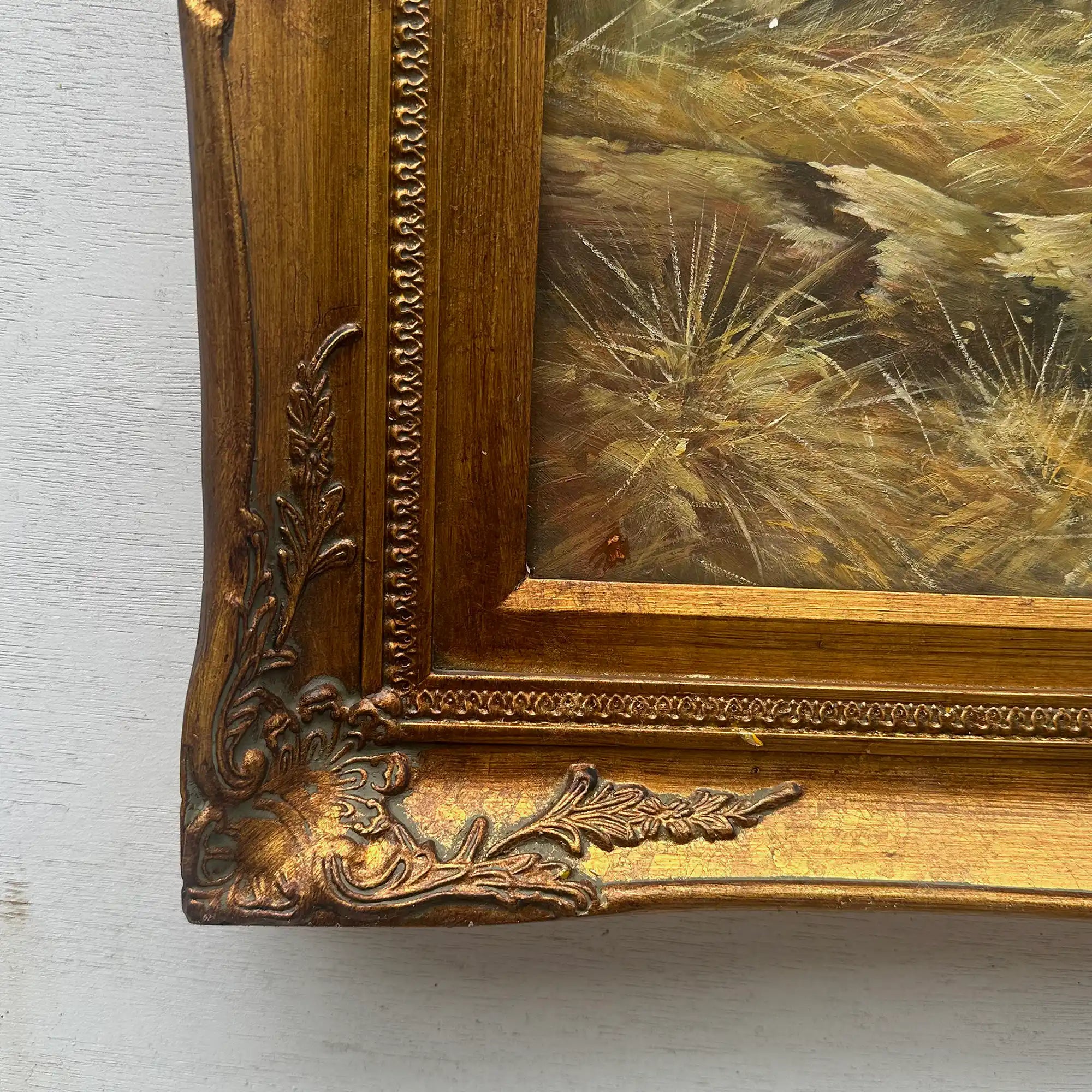 Original Hand Painted Hunting Dogs Oil Painting in Ornate Vintage Frame (17.3×21.3 in) - Vintage Oil Painting - Arden Gallery