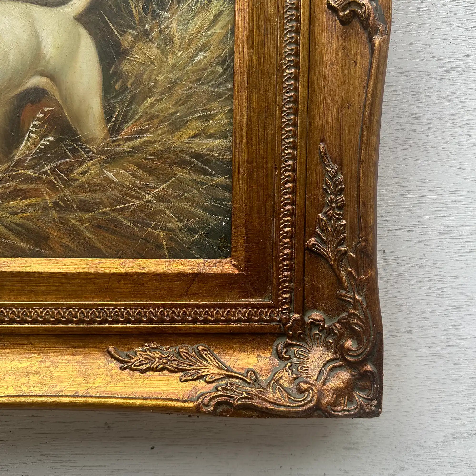 Original Hand Painted Hunting Dogs Oil Painting in Ornate Vintage Frame (17.3×21.3 in) - Vintage Oil Painting - Arden Gallery