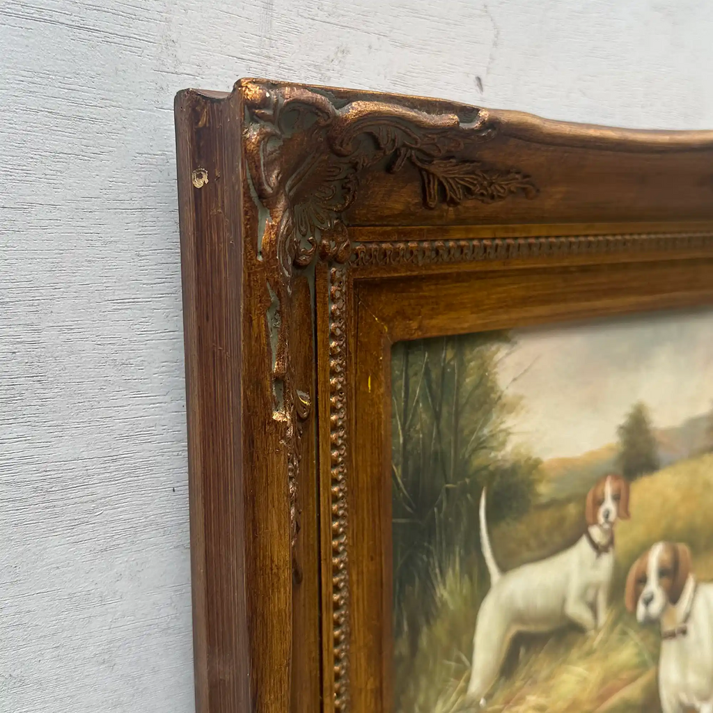 Original Hand Painted Hunting Dogs Oil Painting in Ornate Vintage Frame (17.3×21.3 in) - Vintage Oil Painting - Arden Gallery