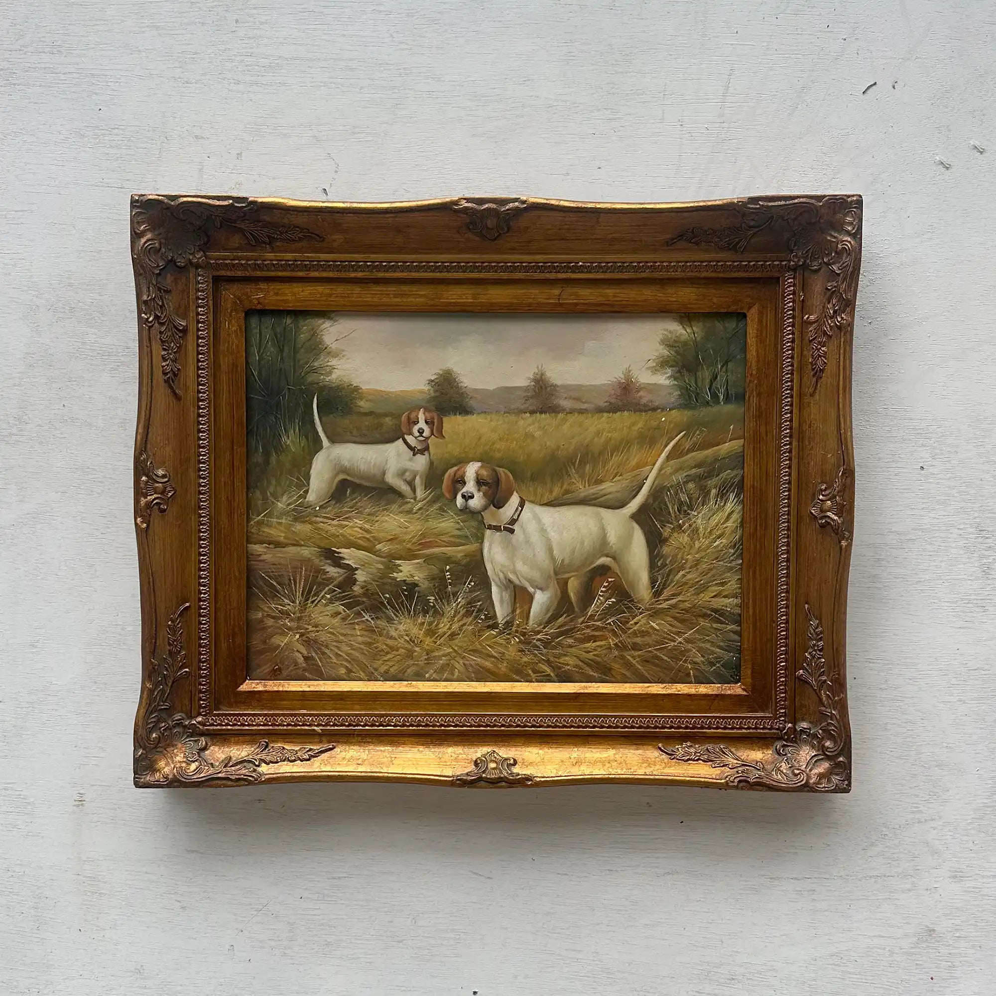 Original Hand Painted Hunting Dogs Oil Painting in Ornate Vintage Frame (17.3×21.3 in) - Vintage Oil Painting - Arden Gallery