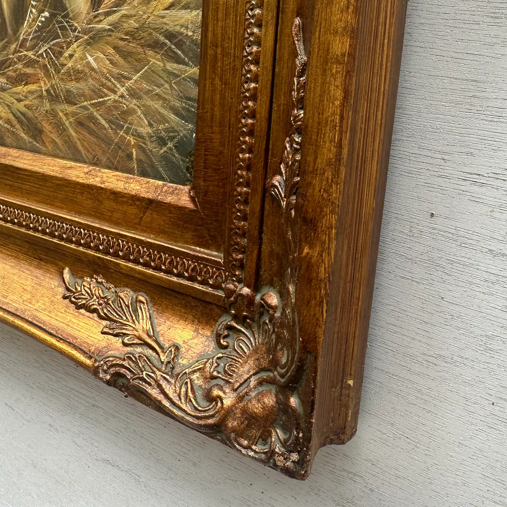 Original Hand Painted Hunting Dogs Oil Painting in Ornate Vintage Frame (17.3×21.3 in) - Vintage Oil Painting - Arden Gallery