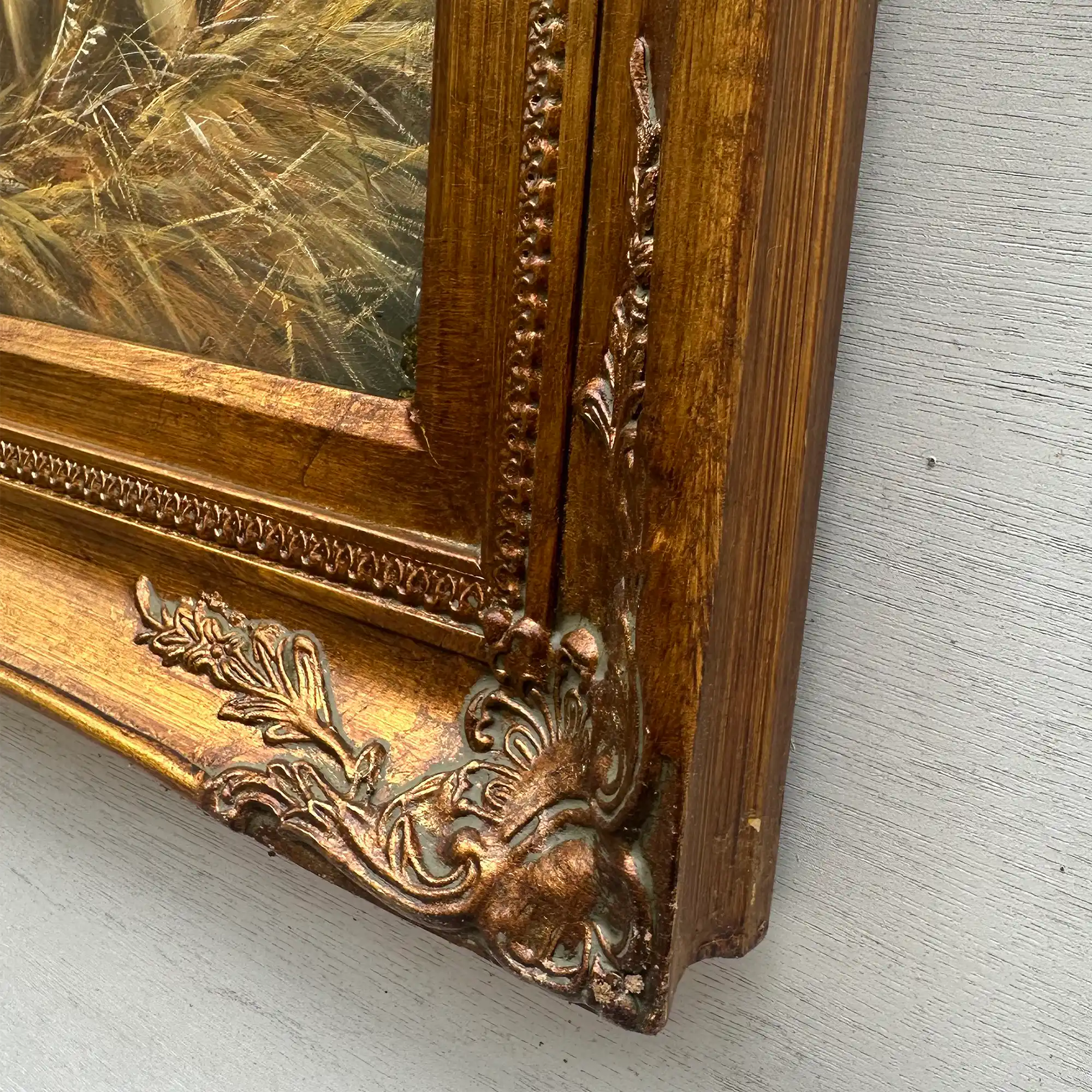 Original Hand Painted Hunting Dogs Oil Painting in Ornate Vintage Frame (17.3×21.3 in) - Vintage Oil Painting - Arden Gallery