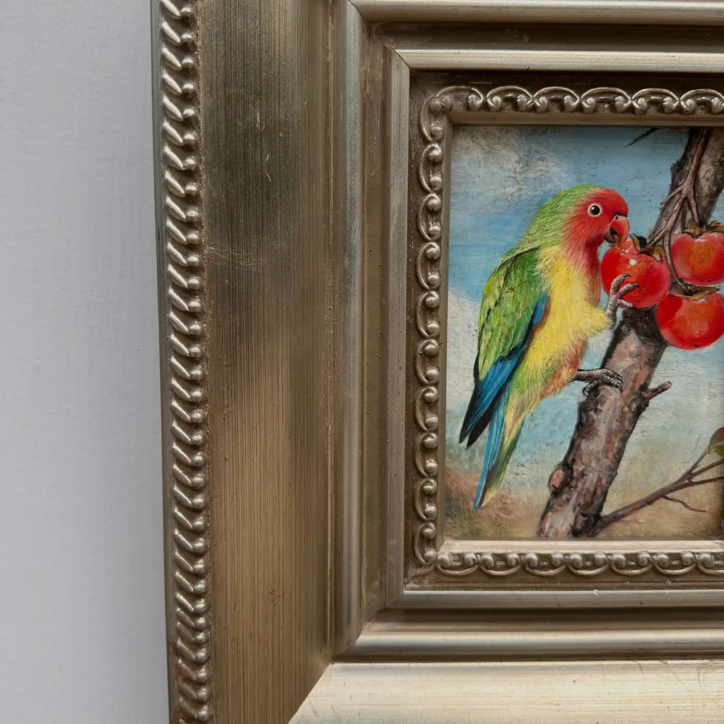 Original Hand Painted Parrot Artwork, Classical Bird Painting with Vintage Frame - Vintage Oil Painting - Arden Gallery