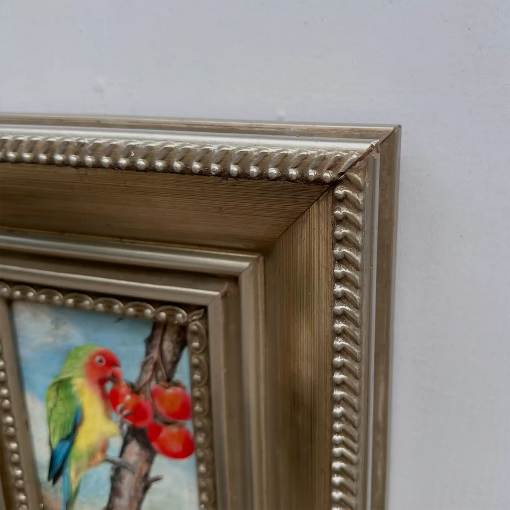 Original Hand Painted Parrot Artwork, Classical Bird Painting with Vintage Frame - Vintage Oil Painting - Arden Gallery