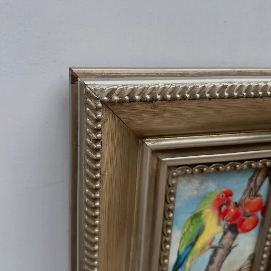 Original Hand Painted Parrot Artwork, Classical Bird Painting with Vintage Frame - Vintage Oil Painting - Arden Gallery
