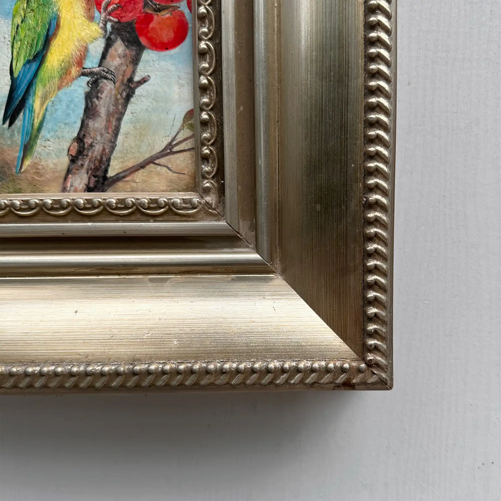 Original Hand Painted Parrot Artwork, Classical Bird Painting with Vintage Frame - Vintage Oil Painting - Arden Gallery