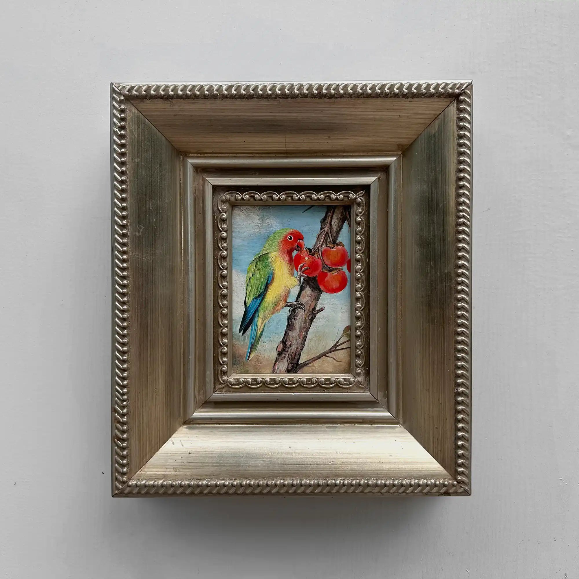 Original Hand Painted Parrot Artwork, Classical Bird Painting with Vintage Frame - Vintage Oil Painting - Arden Gallery