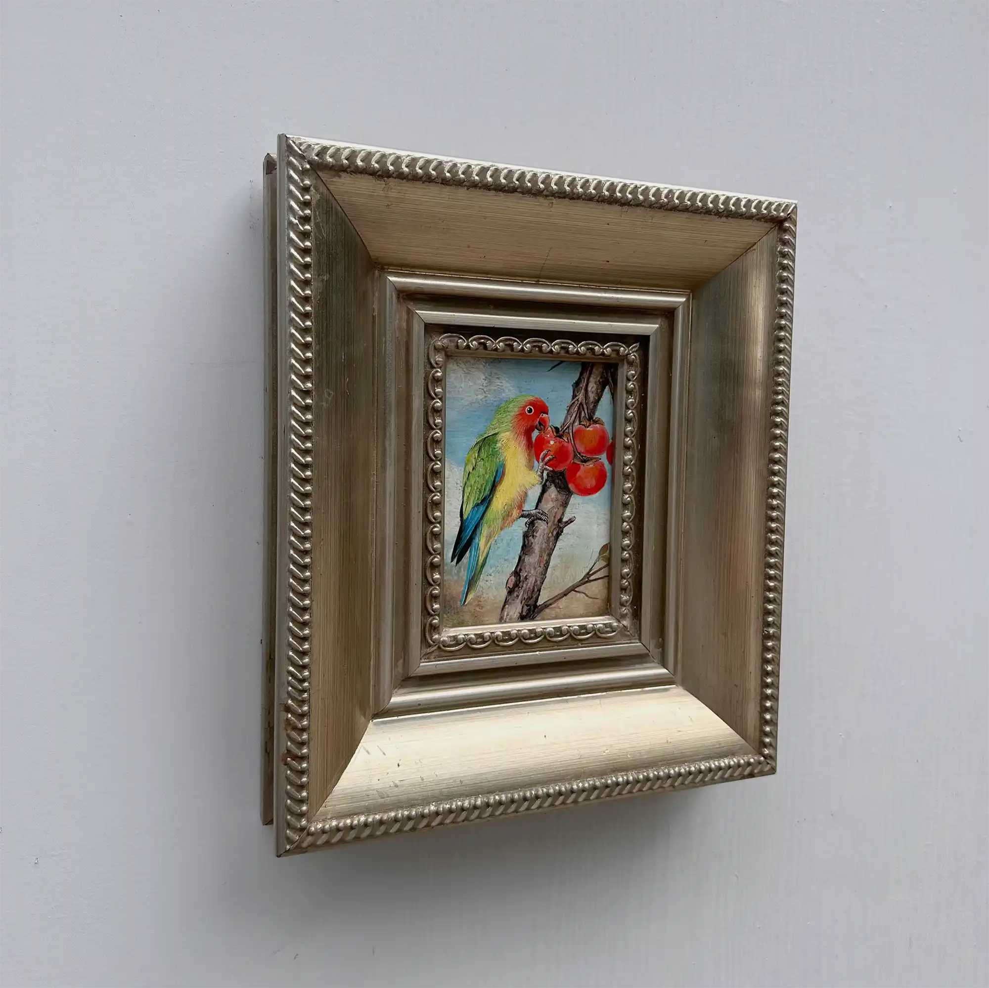 Original Hand Painted Parrot Artwork, Classical Bird Painting with Vintage Frame - Vintage Oil Painting - Arden Gallery