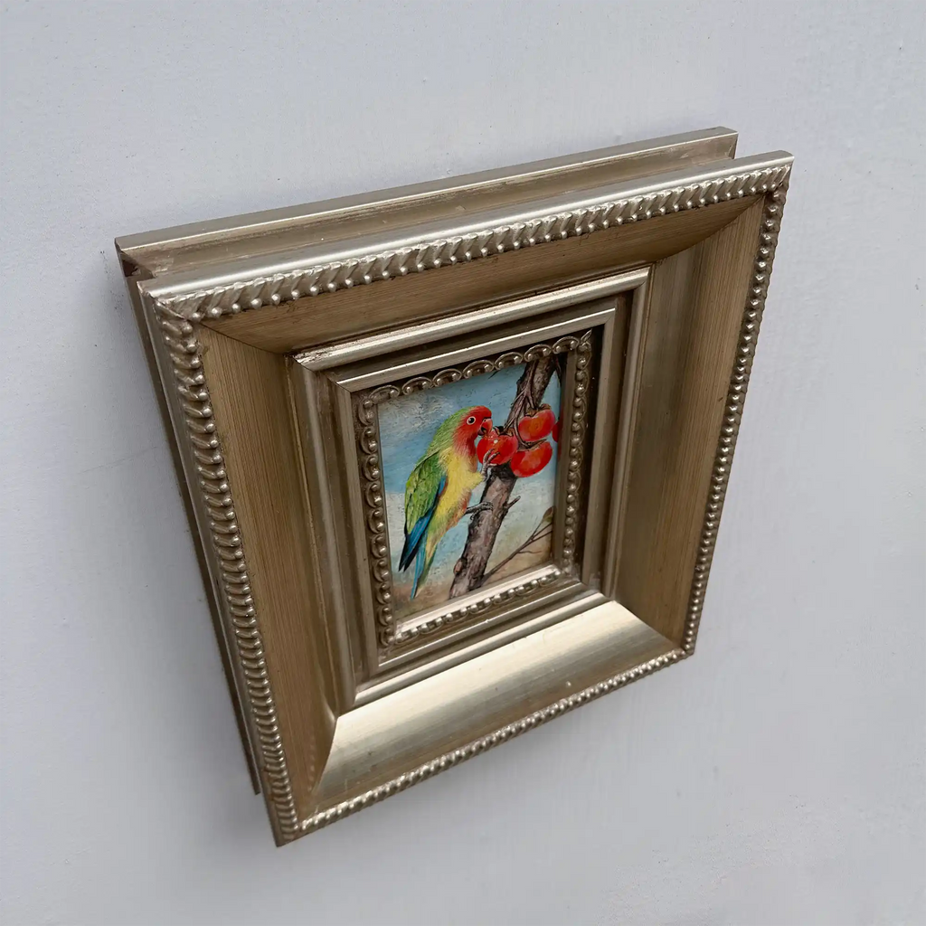 Original Hand Painted Parrot Artwork, Classical Bird Painting with Vintage Frame - Vintage Oil Painting - Arden Gallery