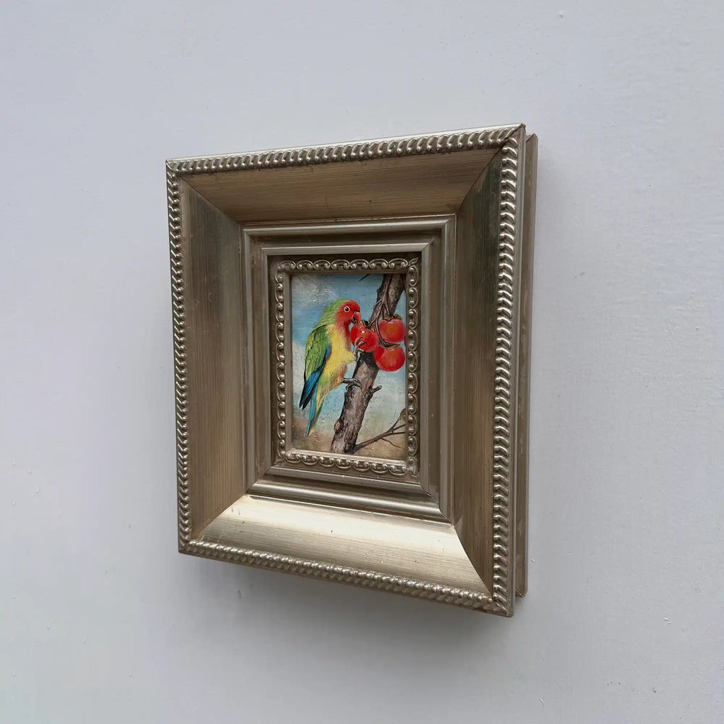 Original Hand Painted Parrot Artwork, Classical Bird Painting with Vintage Frame - Vintage Oil Painting - Arden Gallery