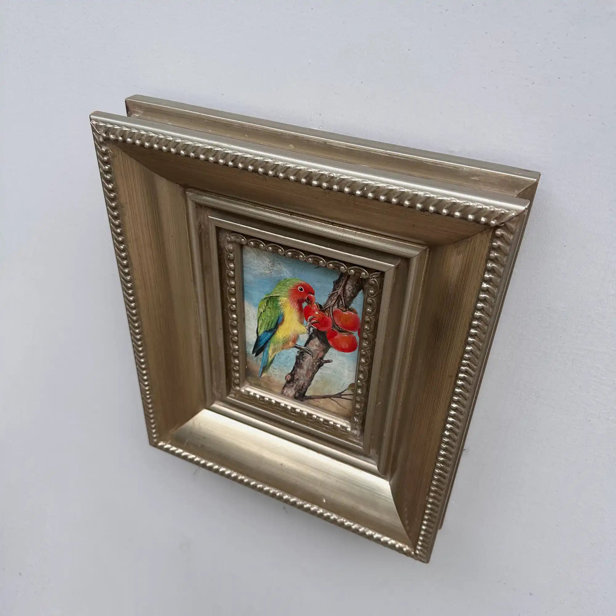 Original Hand Painted Parrot Artwork, Classical Bird Painting with Vintage Frame - Vintage Oil Painting - Arden Gallery