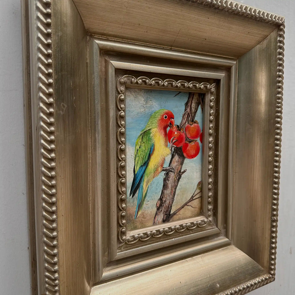 Original Hand Painted Parrot Artwork, Classical Bird Painting with Vintage Frame - Vintage Oil Painting - Arden Gallery