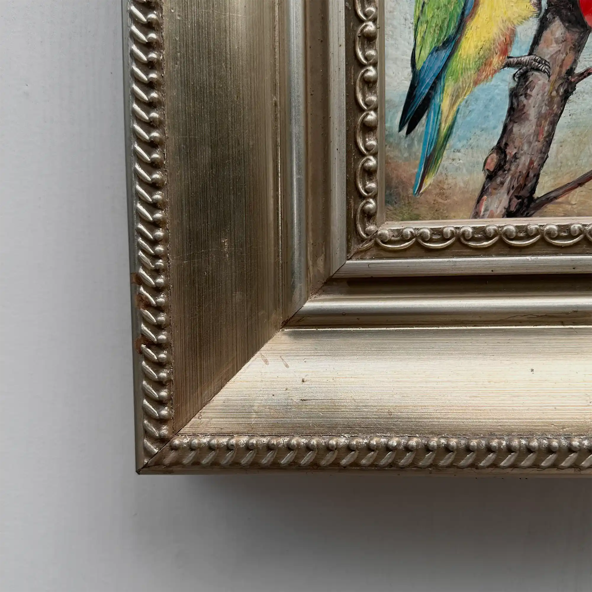 Original Hand Painted Parrot Artwork, Classical Bird Painting with Vintage Frame - Vintage Oil Painting - Arden Gallery
