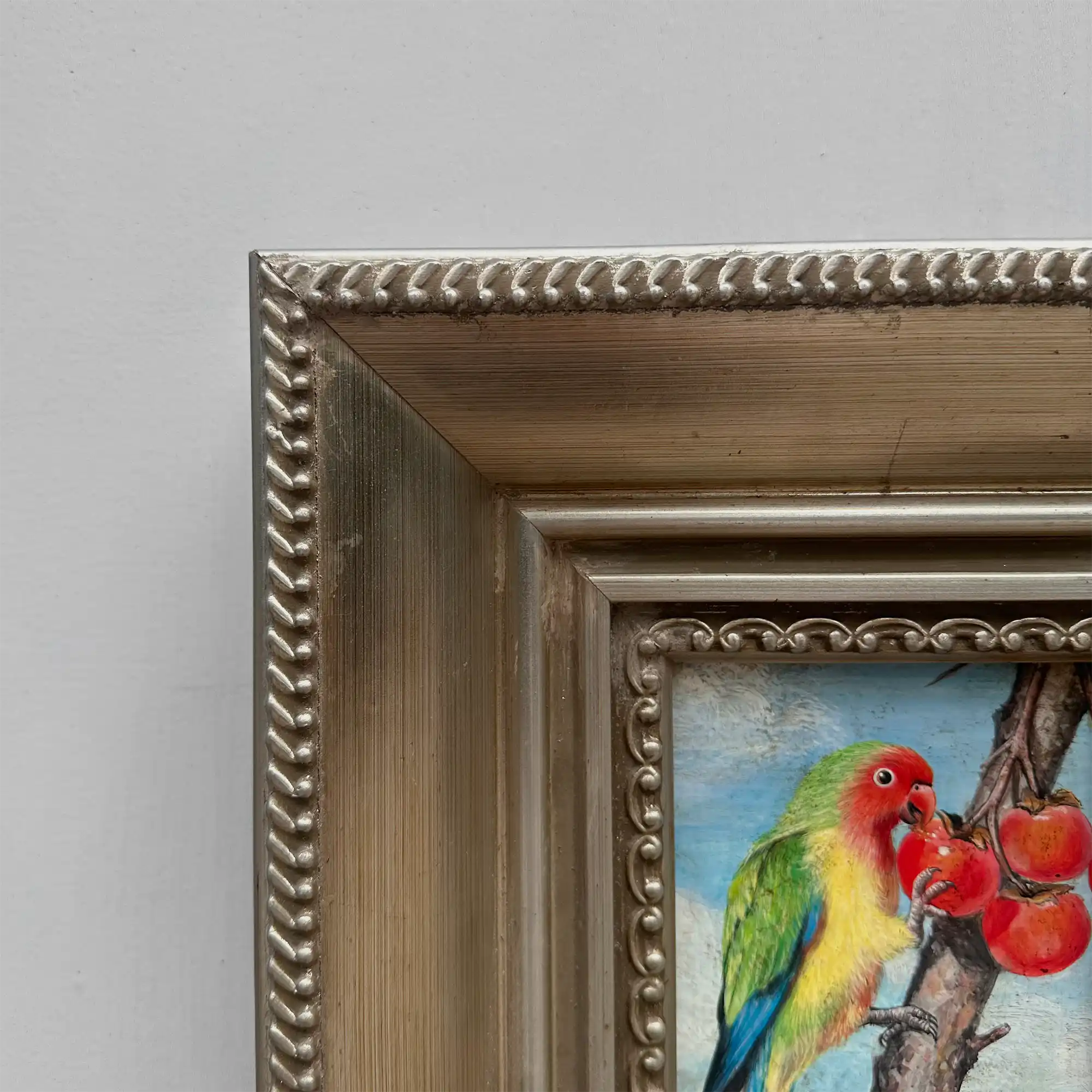 Original Hand Painted Parrot Artwork, Classical Bird Painting with Vintage Frame - Vintage Oil Painting - Arden Gallery