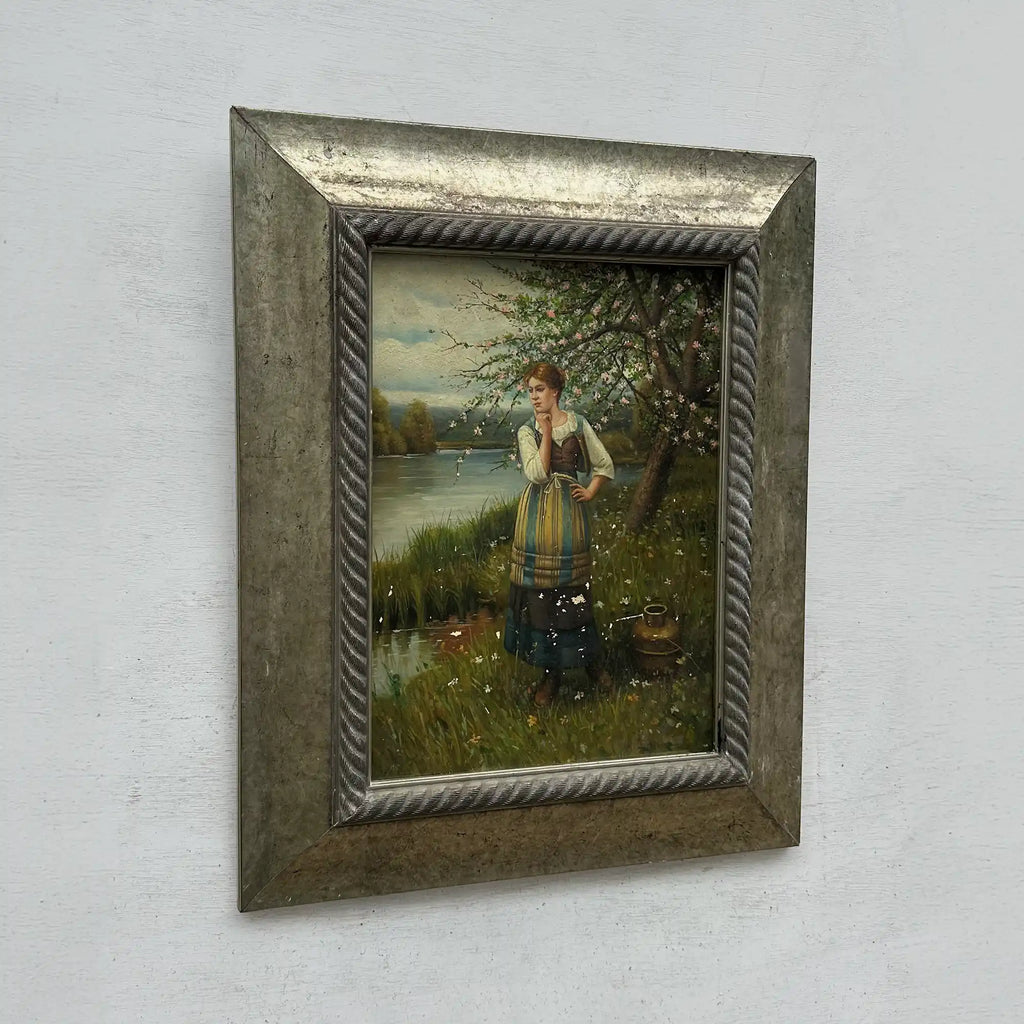Original Hand Painted Vintage Figure Painting, Woman by the River Countryside Scene - Vintage Oil Painting - Arden Gallery