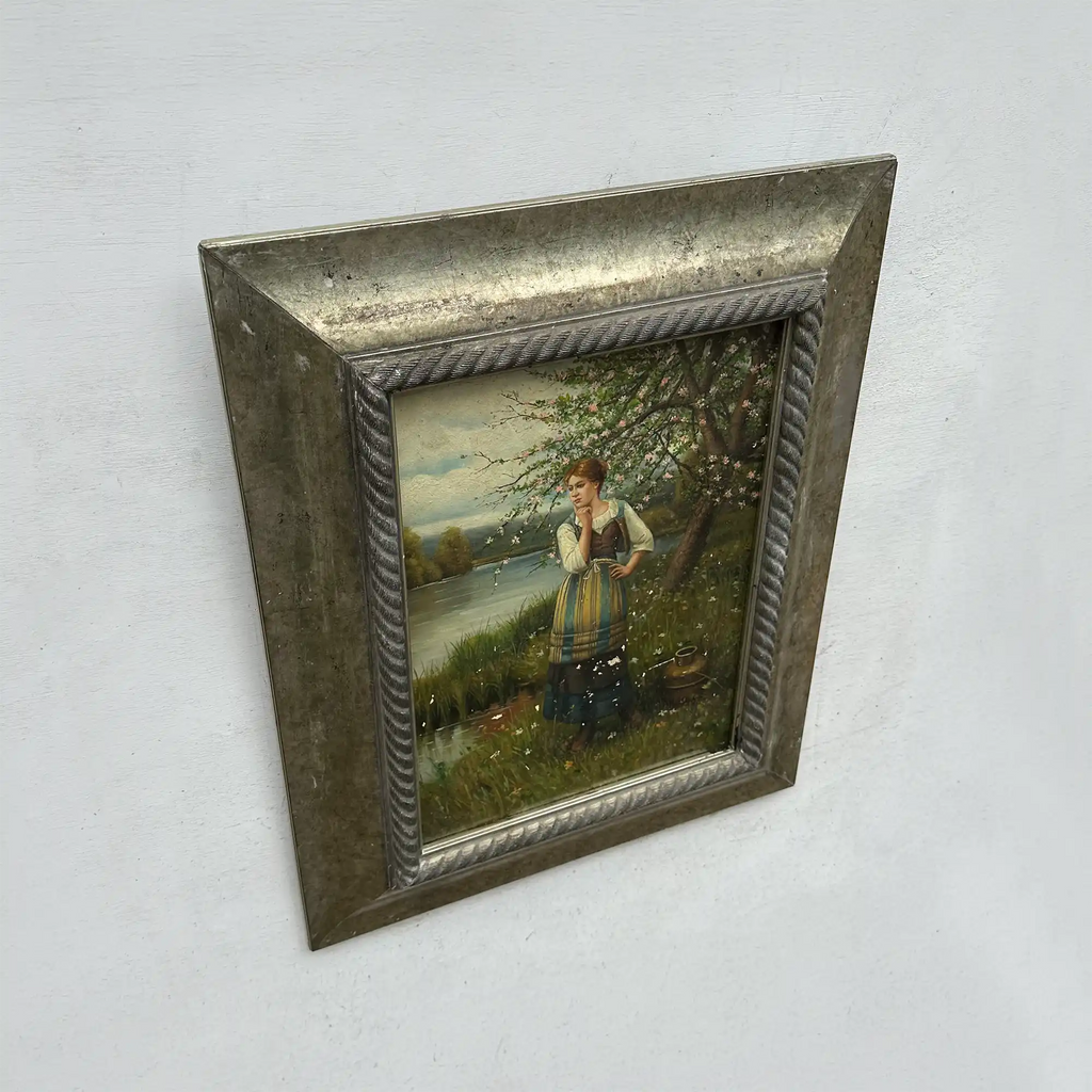 Original Hand Painted Vintage Figure Painting, Woman by the River Countryside Scene - Vintage Oil Painting - Arden Gallery