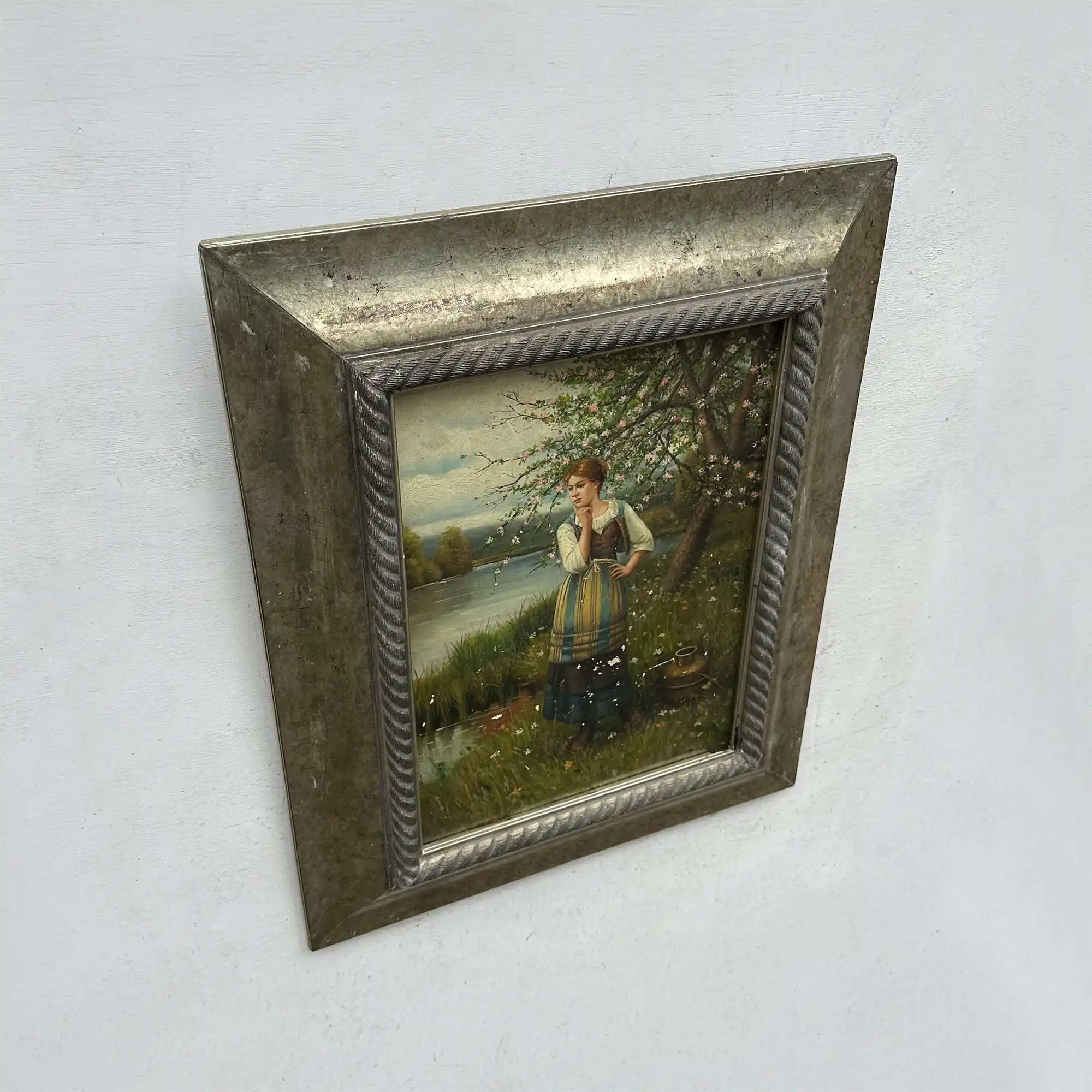 Original Hand Painted Vintage Figure Painting, Woman by the River Countryside Scene - Vintage Oil Painting - Arden Gallery