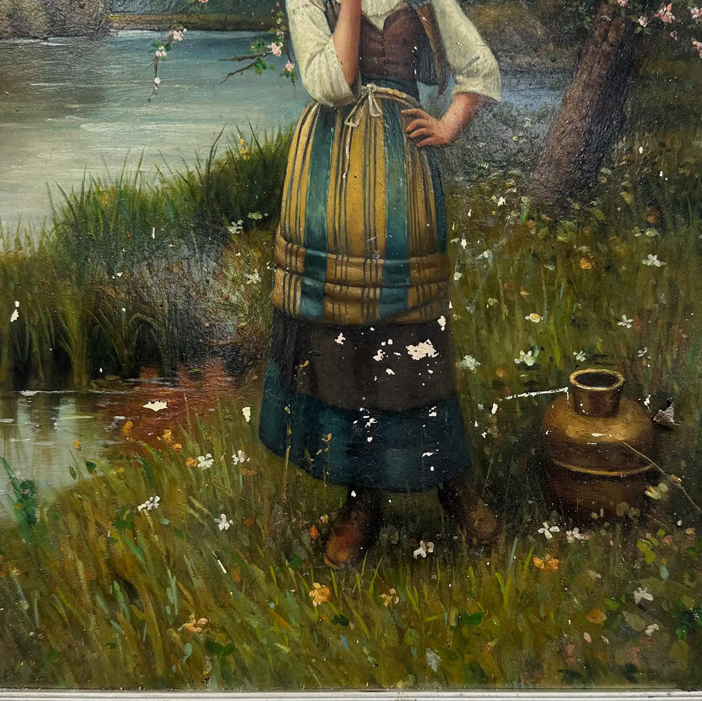 Original Hand Painted Vintage Figure Painting, Woman by the River Countryside Scene - Vintage Oil Painting - Arden Gallery