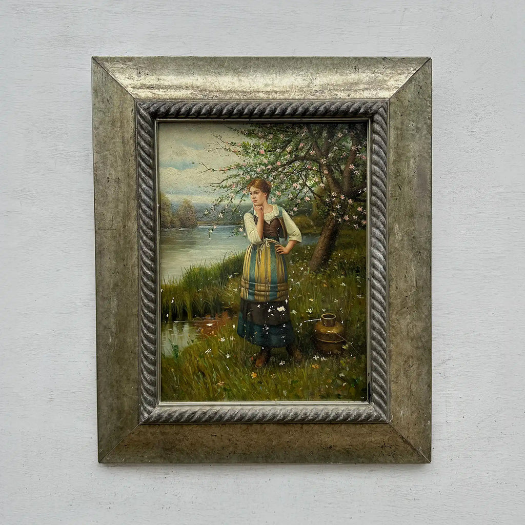 Original Hand Painted Vintage Figure Painting, Woman by the River Countryside Scene - Vintage Oil Painting - Arden Gallery