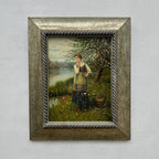 Original Hand Painted Vintage Figure Painting, Woman by the River Countryside Scene - Vintage Oil Painting - Arden Gallery