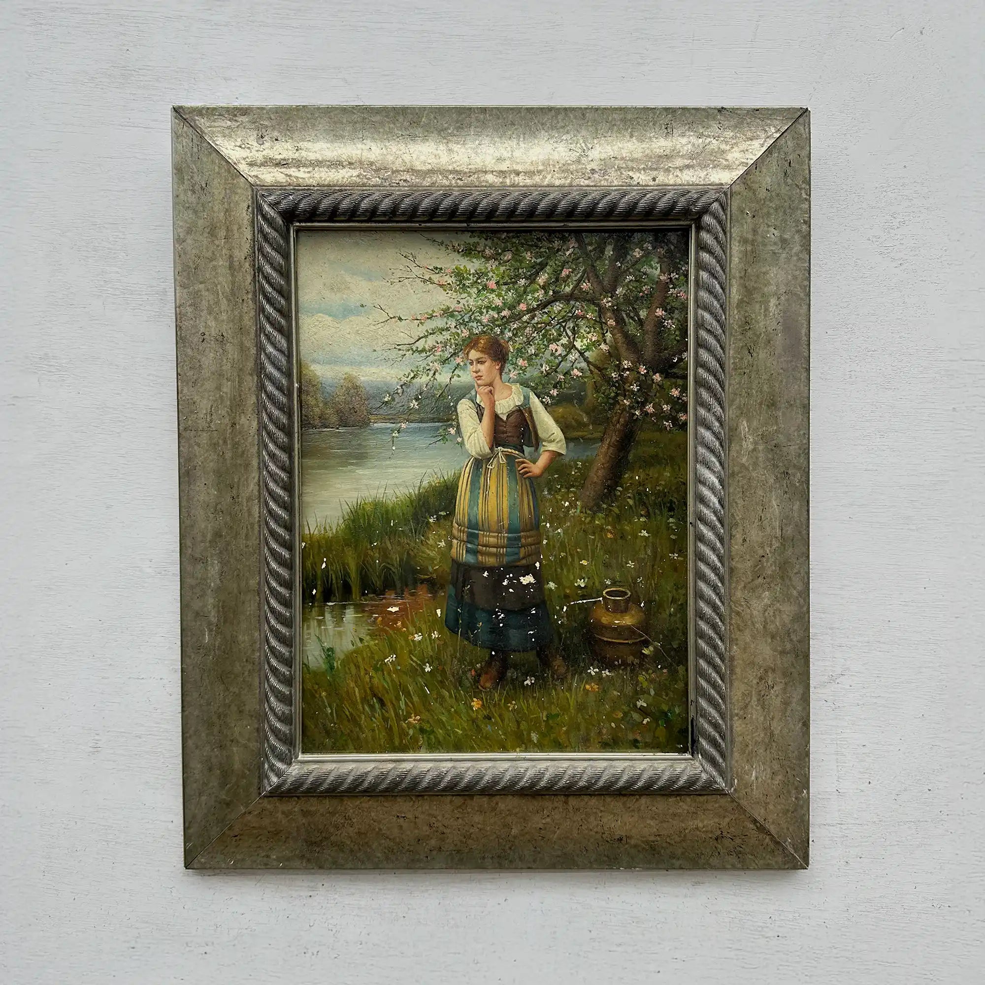 Original Hand Painted Vintage Figure Painting, Woman by the River Countryside Scene - Vintage Oil Painting - Arden Gallery