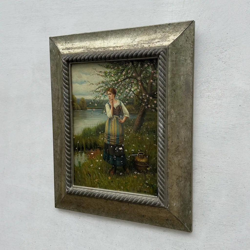 Original Hand Painted Vintage Figure Painting, Woman by the River Countryside Scene - Vintage Oil Painting - Arden Gallery