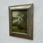 Original Hand Painted Vintage Figure Painting, Woman by the River Countryside Scene - Vintage Oil Painting - Arden Gallery