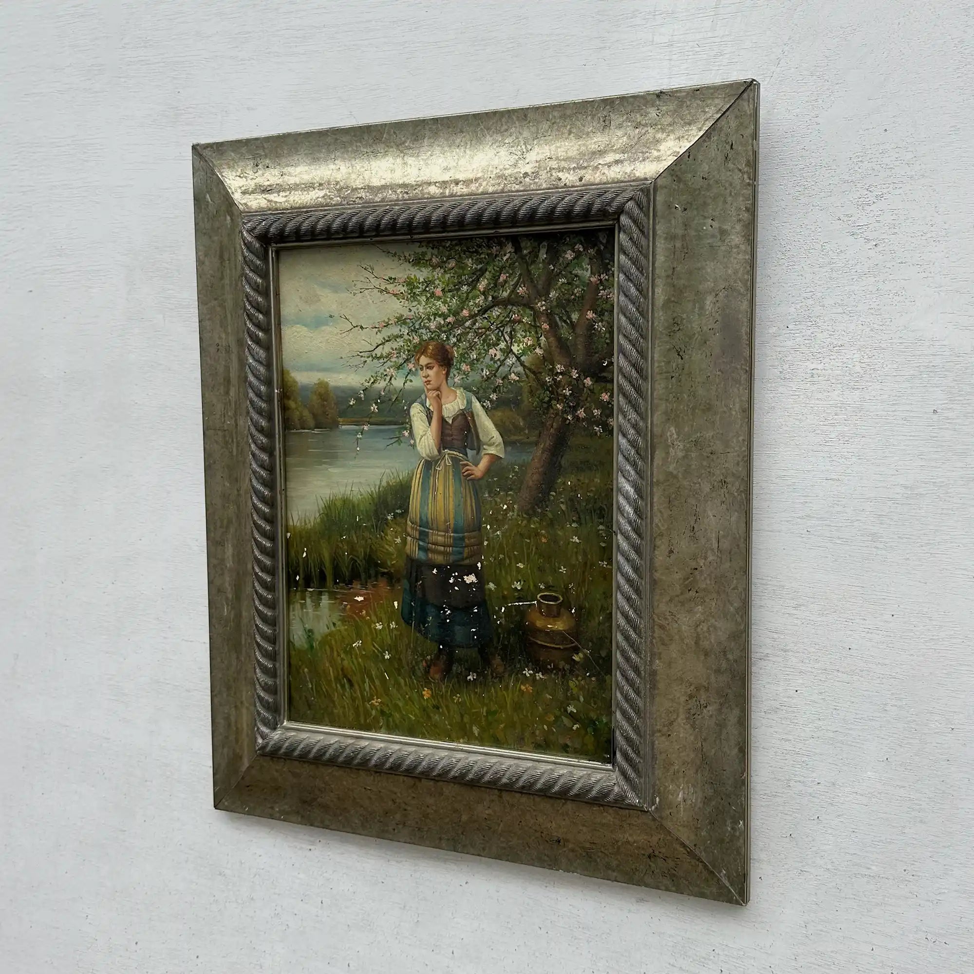 Original Hand Painted Vintage Figure Painting, Woman by the River Countryside Scene - Vintage Oil Painting - Arden Gallery