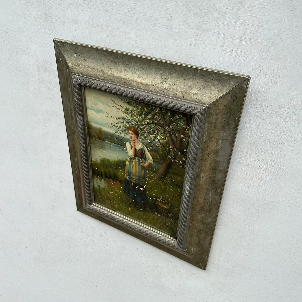 Original Hand Painted Vintage Figure Painting, Woman by the River Countryside Scene - Vintage Oil Painting - Arden Gallery