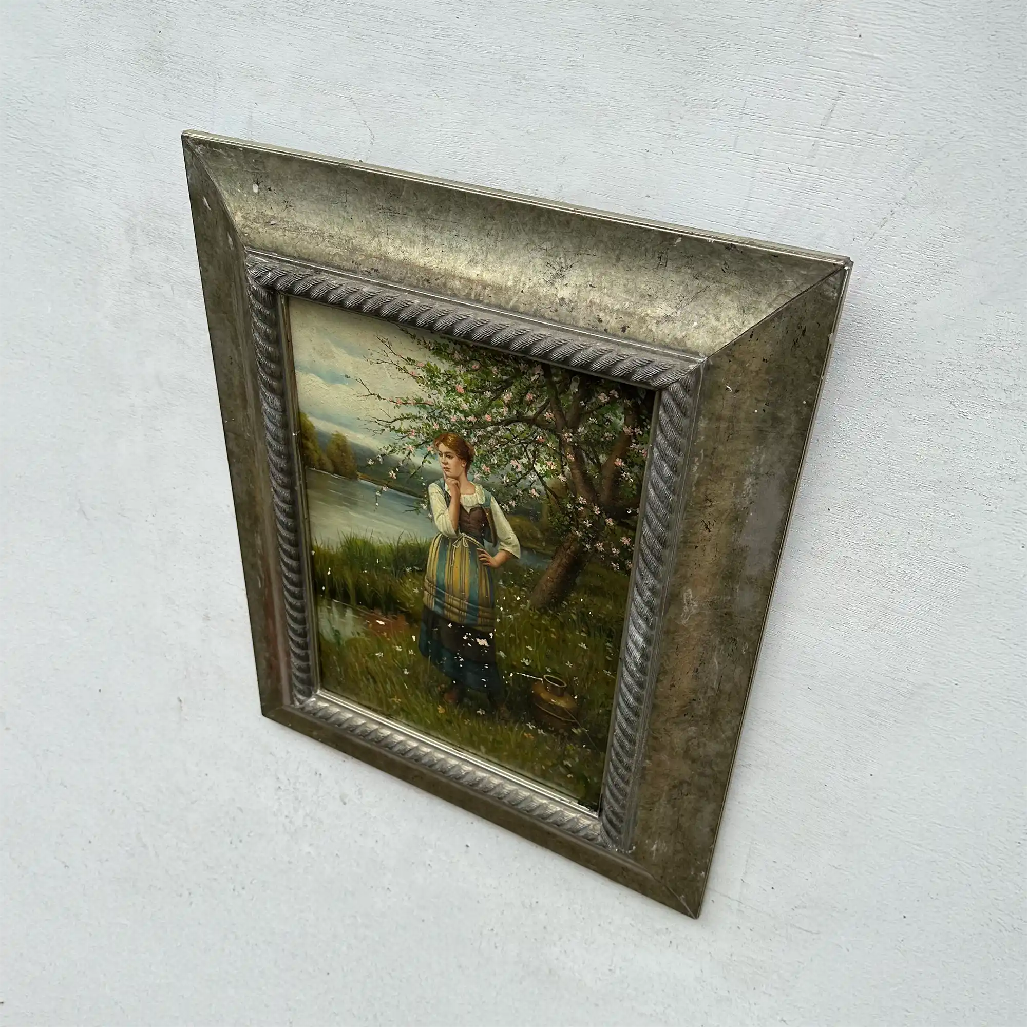 Original Hand Painted Vintage Figure Painting, Woman by the River Countryside Scene - Vintage Oil Painting - Arden Gallery
