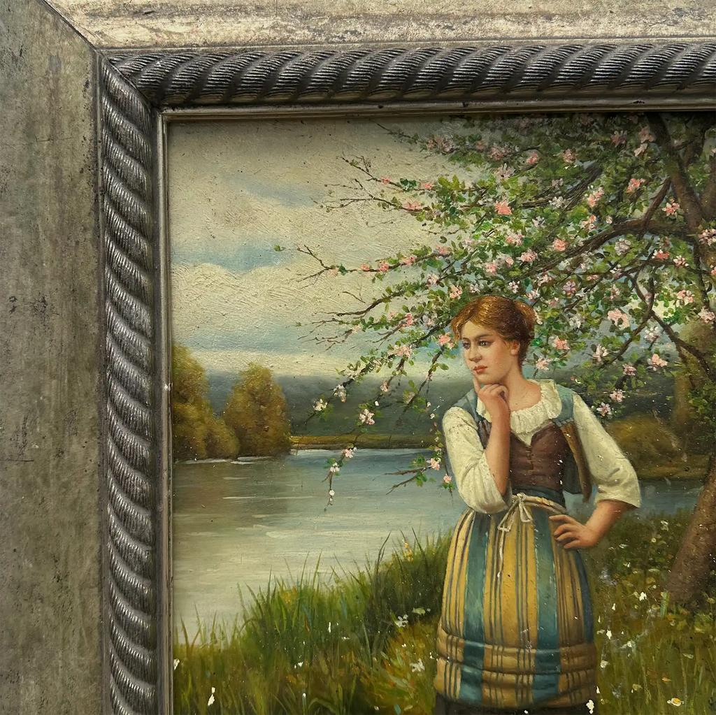 Original Hand Painted Vintage Figure Painting, Woman by the River Countryside Scene - Vintage Oil Painting - Arden Gallery